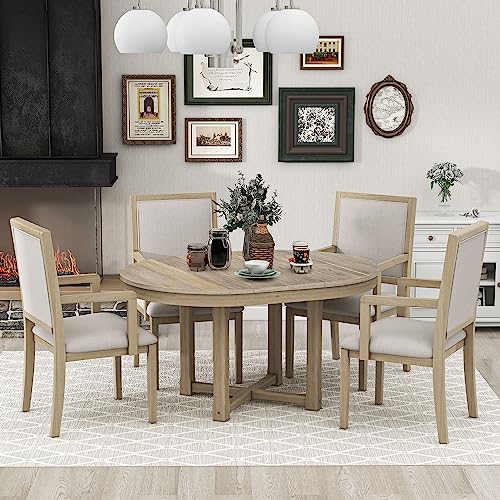 Merax 5-Piece Furniture Set, Round to Oval Extendable Butterfly Leaf Wood Dining Table and 4 Upholstered Chairs with Armrests, 5pcs, Natural