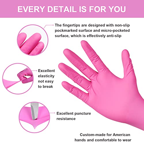 FINITEX Pink Nitrile Disposable Latex Free Gloves - 3.5mil 100PCS/Box 9inch Long Latex Free Gloves Guantes de Nitrilo Cleaning Medical Exam Food Cooking Gloves (100, Medium)