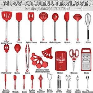 Kitchen Utensils Set- Umite Chef 34 PCs Cooking Utensils with Grater, Spoon Spatula, Heat Resistant Food Grade Silicone, Stainless Steel Handles Kitchen Gadgets Tools Set for Nonstick Cookware(Red)