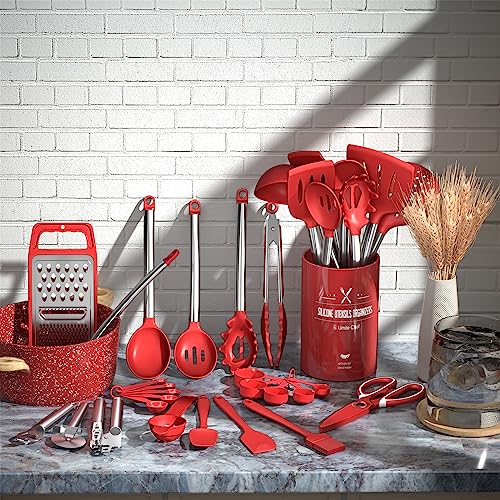 Kitchen Utensils Set- Umite Chef 34 PCs Cooking Utensils with Grater, Spoon Spatula, Heat Resistant Food Grade Silicone, Stainless Steel Handles Kitchen Gadgets Tools Set for Nonstick Cookware(Red)