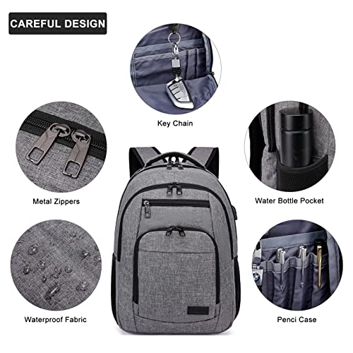 School Backpack, Large Backpack for Teen Boys, Business Slim Durable Laptop Backpack with USB Charging Port, 15.6 Inch Water Resistant High School Bookbag, College Computer Bag for Men Women, Grey