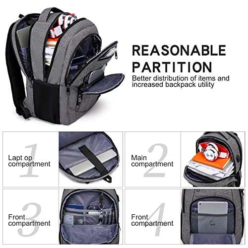 School Backpack, Large Backpack for Teen Boys, Business Slim Durable Laptop Backpack with USB Charging Port, 15.6 Inch Water Resistant High School Bookbag, College Computer Bag for Men Women, Grey