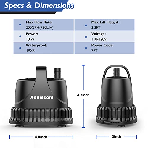 Aoumcom 200GPH Submersible Water Pump, 10W Water Fountain Pump, Aquarium Pump, 750L/H Water Pump with 7ft Power Cord for Garden Fountain, Water Table, Waterfall, Fish Tank, Pond, Hydroponics