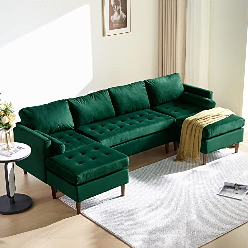 wirrytor Modular Sectional Sofa, Velvet U Shaped Couch, Modular Sectional with Reversible Ottomans for Living Room, Green