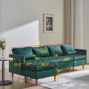 wirrytor Modular Sectional Sofa, Velvet U Shaped Couch, Modular Sectional with Reversible Ottomans for Living Room, Green