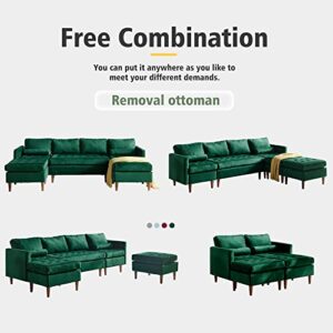 wirrytor Modular Sectional Sofa, Velvet U Shaped Couch, Modular Sectional with Reversible Ottomans for Living Room, Green