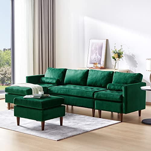 wirrytor Modular Sectional Sofa, Velvet U Shaped Couch, Modular Sectional with Reversible Ottomans for Living Room, Green