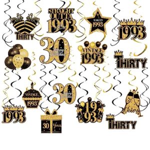 30th birthday decorations men, 45pcs 30th birthday party supplies, 1993 gold birthday decorations, party streamers hanging swirls for him, thirty years old dangling spinners foli bday ceiling decor