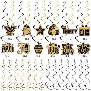 30th Birthday Decorations Men, 45pcs 30th Birthday Party Supplies, 1993 Gold Birthday Decorations, Party Streamers Hanging Swirls for Him, Thirty Years Old Dangling Spinners Foli Bday Ceiling Decor