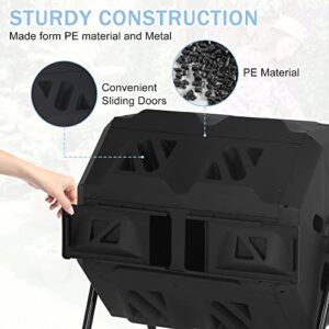 Compost Tumbler Outdoor,43 Gallon Composters Tumbling or Rotating Outdoor, Dual Chamber Compost Bins Outdoor, Tumbling Composter Bin with Sliding Doors for Kitchen Garden Patio,Black Door(Black)