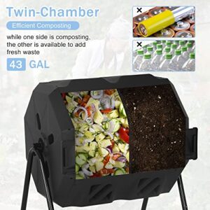 Compost Tumbler Outdoor,43 Gallon Composters Tumbling or Rotating Outdoor, Dual Chamber Compost Bins Outdoor, Tumbling Composter Bin with Sliding Doors for Kitchen Garden Patio,Black Door(Black)