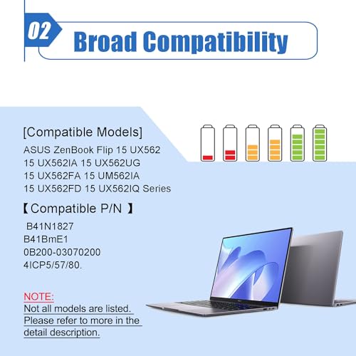 Dentsing B41N1827 Laptop Battery Replace for Asus ZenBook Flip 15 UX562 UX562IA UX562FA UX562FD UX562IQ UX562UG Legion Q526FAC Q526FA Q507IQ Legion UM562IA UX562FA-AC025R Series Notebook 15.36V 56Wh