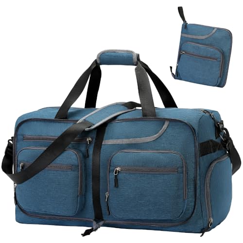 Travel Duffel Bag, 65L Foldable Travel Duffle Bag with Shoes Compartment and wet pocket, Waterproof & Tear Resistant (A4-Dark blue, 65L)