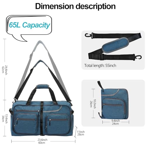 Travel Duffel Bag, 65L Foldable Travel Duffle Bag with Shoes Compartment and wet pocket, Waterproof & Tear Resistant (A4-Dark blue, 65L)