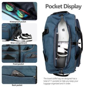 Travel Duffel Bag, 65L Foldable Travel Duffle Bag with Shoes Compartment and wet pocket, Waterproof & Tear Resistant (A4-Dark blue, 65L)