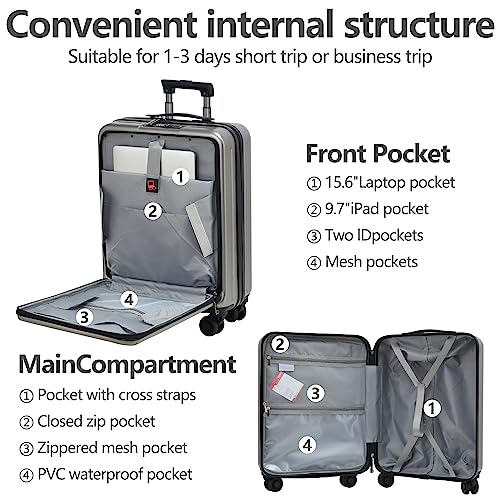 2pcs 20/28" Luggage Set HardShell ABS+PC, 20 Inch 21.65 * 15.35 * 7.87" Carry On Cabin with Front Pocket, 28" Suitcase 101L, YKK Zipper, TSA Lock, Gray