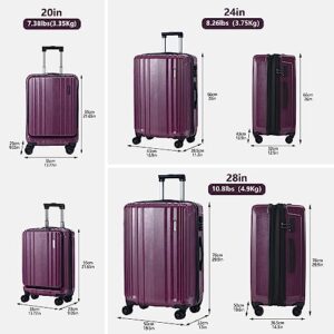 TydeCkare Luggage Set 3 Piece 20/24/28, 20" carry on with Front Pocket & 24/28" with Expandable, ABS+PC Suitcase with 4 Silent Wheels, TSA, YKK, Rose Red