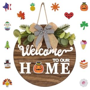 interchangeable seasonal welcome sign front door decor– 30cm diameter wooden welcome to our home wreath for home decor and magnetic interchangeable icons, suitable for all occasions
