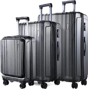 tydeckare luggage set 3 piece 20/24/28, 20" carry on with front pocket & 24/28" with expandable, abs+pc suitcase with 4 silent wheels, tsa, ykk, silver grey