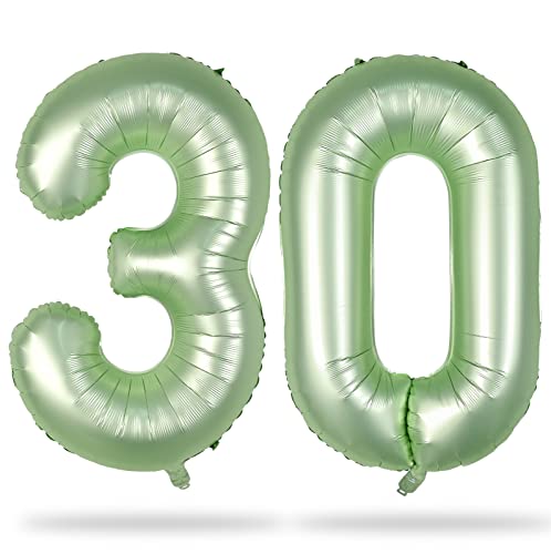 Sage Green Number 30 Balloons, 40 Inch Large Olive Green Foil Number 3 & 0 Balloons for Women, Self Inflating 30th Birthday Balloons for 30 Year Old Birthday Anniversary Party Decorations Supplies