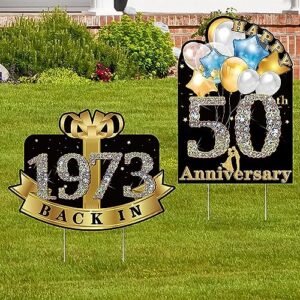 golden 50th wedding anniversary yard sign set, 2 outdoor lawn signs with stakes, 50th anniversary decorations, 12 x 15 inches, weatherproof, ideal for party, garden, and celebration (black gold-50)