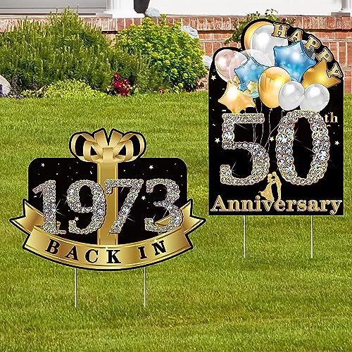 Golden 50th Wedding Anniversary Yard Sign Set, 2 Outdoor Lawn Signs With Stakes, 50th Anniversary Decorations, 12 X 15 Inches, Weatherproof, Ideal For Party, Garden, And Celebration (black gold-50)