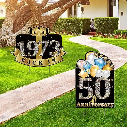 Golden 50th Wedding Anniversary Yard Sign Set, 2 Outdoor Lawn Signs With Stakes, 50th Anniversary Decorations, 12 X 15 Inches, Weatherproof, Ideal For Party, Garden, And Celebration (black gold-50)