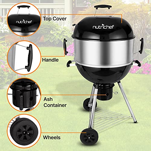 NutriChef Portable Outdoor Charcoal BBQ Grill, Barbecue Grills, Perfect for Picnic, Backyard, Patio, Camping, Offset Smoker with Cover