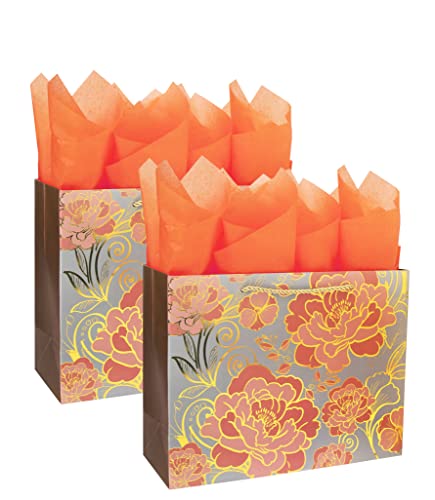 2 Pack 13" Large Rose Gold Gift Bag Set with Greeting Card and Orange Tissue Paper for celebrating birthdays,weddings,anniversaries,Mother's Day,and more-13"x10.1"x5.2”,2 Pcs.