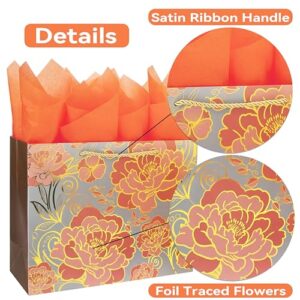2 Pack 13" Large Rose Gold Gift Bag Set with Greeting Card and Orange Tissue Paper for celebrating birthdays,weddings,anniversaries,Mother's Day,and more-13"x10.1"x5.2”,2 Pcs.