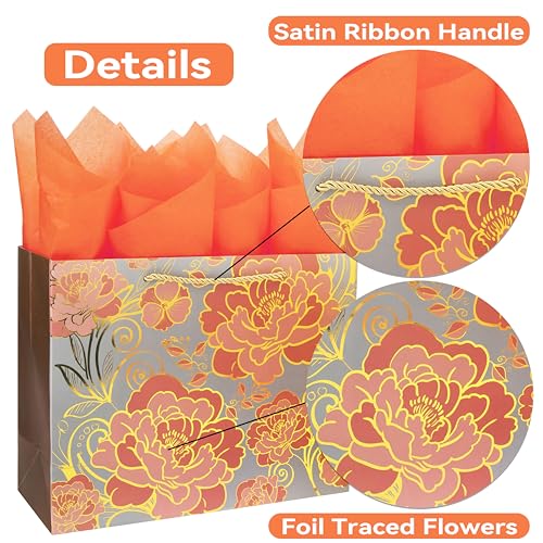 2 Pack 13" Large Rose Gold Gift Bag Set with Greeting Card and Orange Tissue Paper for celebrating birthdays,weddings,anniversaries,Mother's Day,and more-13"x10.1"x5.2”,2 Pcs.