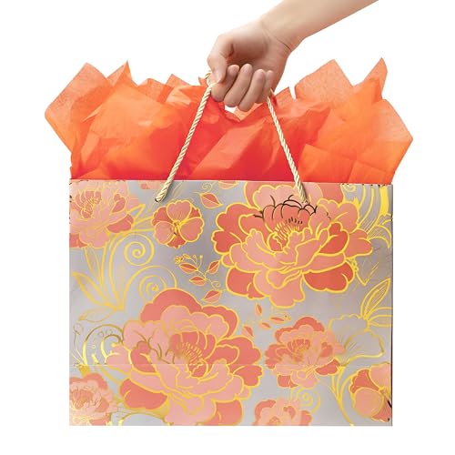 2 Pack 13" Large Rose Gold Gift Bag Set with Greeting Card and Orange Tissue Paper for celebrating birthdays,weddings,anniversaries,Mother's Day,and more-13"x10.1"x5.2”,2 Pcs.