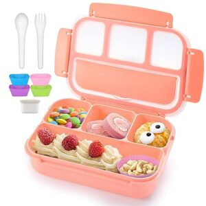 qqko bento lunch box for adult men women, toddler kids lunch boxes for school girls boys, lunch containers for adults kids with 4 compartments, sauce container, utensils and muffin cups, pink