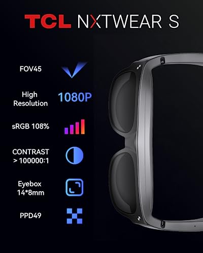 RayNeo XR Glasses - TCL NXTWEAR S with 201" Micro OLED, 1080P Video Display Glasses, Dynamic Stereo Sound, 3D Movie, Multi-Window Work, Watch and Game on PC/Android/iOS/Consoles/Cloud (Not RayNeo X2)