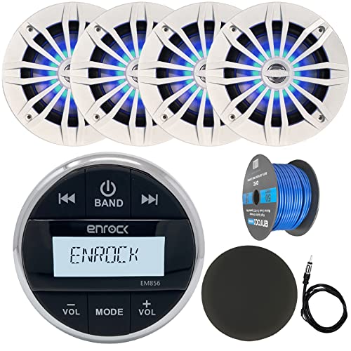 Enrock EM856 Bluetooth AM/FM Radio Digital Media Marine Gauge Hole Receiver Bundle Combo with 4x Enrock 6.5" 180W Peak Power White Boat Audio Speakers w/ Flashing Blue LED, Wire, Antenna, Radio Cover