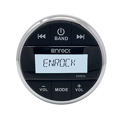 Enrock EM856 Bluetooth AM/FM Radio Digital Media Marine Gauge Hole Receiver Bundle Combo with 4x Enrock 6.5" 180W Peak Power White Boat Audio Speakers w/ Flashing Blue LED, Wire, Antenna, Radio Cover