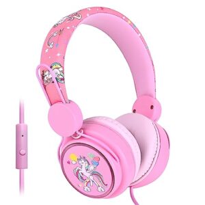 kids headphones for girls, cute unicorn headphones for kids with microphone, adjustable headband, 3.5mm jack wired girls headphones for school travel xmas gift (pink)