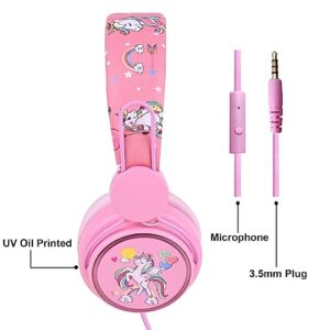 Kids Headphones for Girls, Cute Unicorn Headphones for Kids with Microphone, Adjustable Headband, 3.5mm Jack Wired Girls Headphones for School Travel Xmas Gift (Pink)