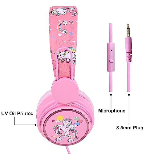 Kids Headphones for Girls, Cute Unicorn Headphones for Kids with Microphone, Adjustable Headband, 3.5mm Jack Wired Girls Headphones for School Travel Xmas Gift (Pink)