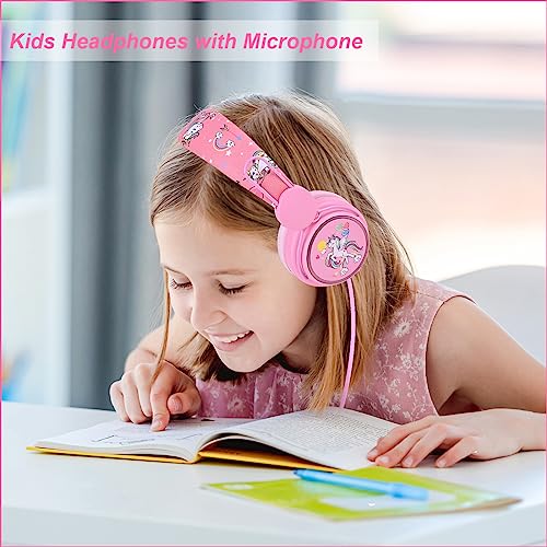 Kids Headphones for Girls, Cute Unicorn Headphones for Kids with Microphone, Adjustable Headband, 3.5mm Jack Wired Girls Headphones for School Travel Xmas Gift (Pink)