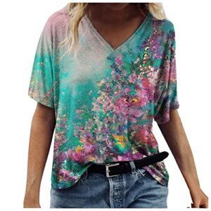 Pvkarhg 𝖯𝗋𝗂𝗆𝖾 𝖣𝖺𝗒 Deals Today 2023 3/4 Sleeve Tops for Women Spring Tops for Women Gradient Floral Print Graphic Tees V Neck Short Sleeve T Shirts Dressy Casual Tunic Blouses