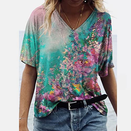 Pvkarhg 𝖯𝗋𝗂𝗆𝖾 𝖣𝖺𝗒 Deals Today 2023 3/4 Sleeve Tops for Women Spring Tops for Women Gradient Floral Print Graphic Tees V Neck Short Sleeve T Shirts Dressy Casual Tunic Blouses