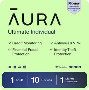 aura ultimate online safety suite | internet security & identity protection software | antivirus, vpn, password manager, dark web monitoring | individual plan, 1 month prepaid subscription [pc/mac online code]