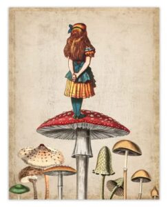 whimsical alice atop mushrooms wall art print - 11x14 unframed picture for home, office, classroom, dorm, living room & bedroom decor - creative gift idea for alice fans