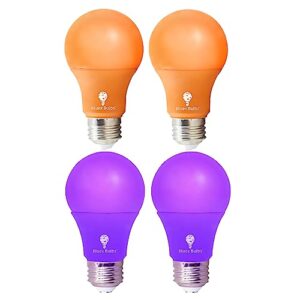 4 pack a19 led purple light bulb led orange light bulb 120v e26 base 9 watt (60-watt replacement) purple bulb orange bulb, party decoration, porch, home lighting, halloween light bulbs