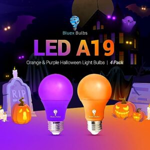 4 Pack A19 LED Purple Light Bulb LED Orange Light Bulb 120V E26 Base 9 Watt (60-watt Replacement) Purple Bulb Orange Bulb, Party Decoration, Porch, Home Lighting, Halloween Light Bulbs