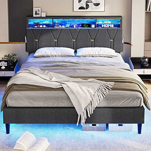 BTHFST Full Size Bed Frame with Outlets and USB Ports, Full Bed Frame with LED Lights, Upholstered Platform LED Bed Frame Full with Storage Shelf Headboard, No Box Spring Needed, Dark Grey