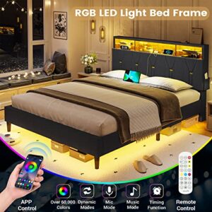 BTHFST Full Size Bed Frame with Outlets and USB Ports, Full Bed Frame with LED Lights, Upholstered Platform LED Bed Frame Full with Storage Shelf Headboard, No Box Spring Needed, Dark Grey