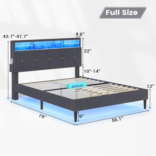 BTHFST Full Size Bed Frame with Outlets and USB Ports, Full Bed Frame with LED Lights, Upholstered Platform LED Bed Frame Full with Storage Shelf Headboard, No Box Spring Needed, Dark Grey