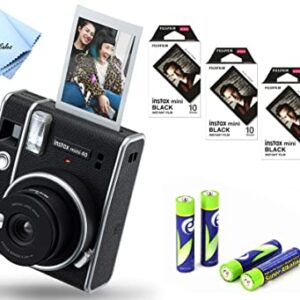 Fujifilm Instax Mini 40 Instant Camera Black + Fujifilm Instax Black Frame Film (40 Exposures) + 4AA Battery + BluebirdSales Cleaning Cloth